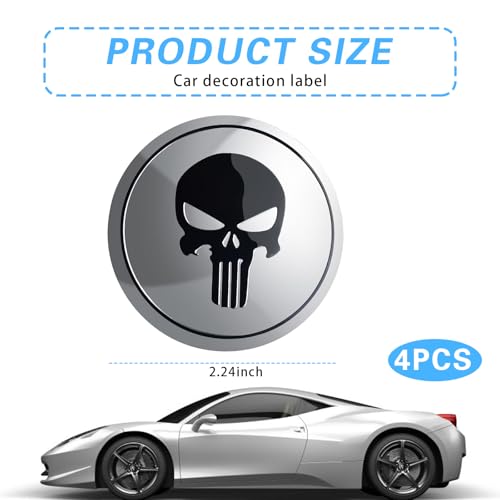 ijuicy 4 PCS Car Wheel Center Hub Cap Cover, Metal Scratch-Proof Anti-Fading Skull Pattern Center Caps for Rims, Self-Adhesive Wheel Center Caps Sticker, Universal for Cars Trucks (Silver) - Image 2