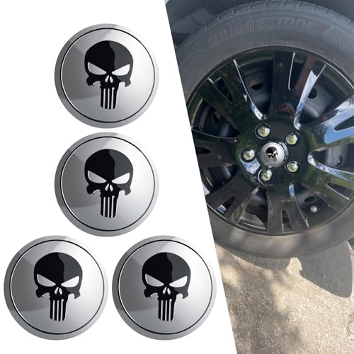 ijuicy 4 PCS Car Wheel Center Hub Cap Cover, Metal Scratch-Proof Anti-Fading Skull Pattern Center Caps for Rims, Self-Adhesive Wheel Center Caps Sticker, Universal for Cars Trucks (Silver) - Image 1