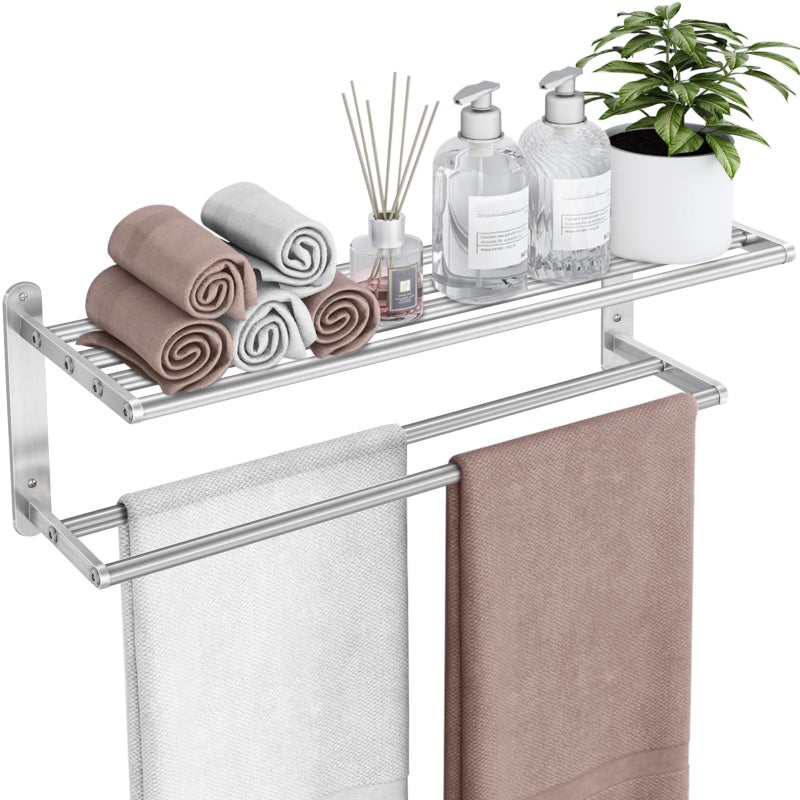 VOTZAAQ Towel Racks for Bathroom 24 in Bath Towel Shelf with Double Towel Bar Stainless Steel Towel Storage for Lavatory Wall Mounted 2Tier Towel Hanger Towel Holder Brushed Nickel - Image 2