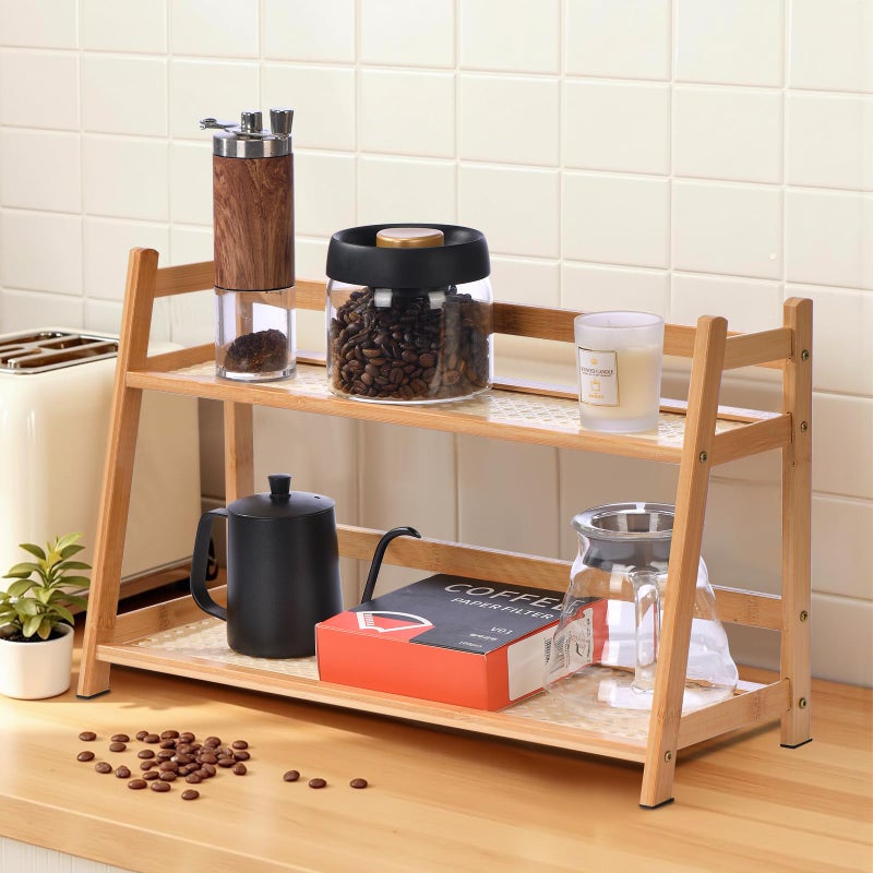 ANABIUP 2 Tier Matcha Station Wicker-Look Coffee Station Organizer, Kitchen Counter Shelf for Tea & Coffee Bar, Mug Holder Countertop, Condiment Storage Rack(17Inch) - Image 1