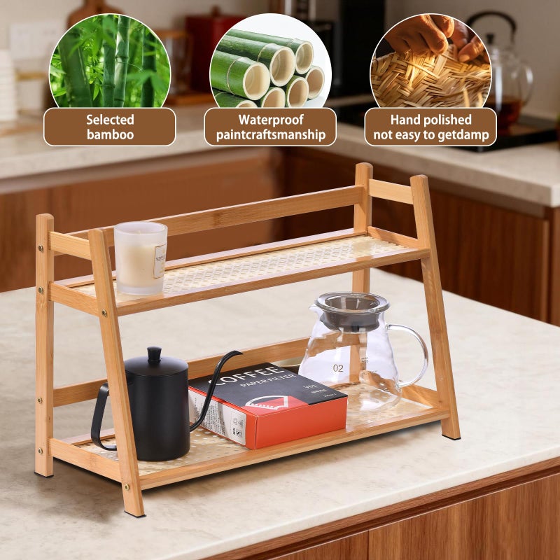 ANABIUP 2 Tier Matcha Station Wicker-Look Coffee Station Organizer, Kitchen Counter Shelf for Tea & Coffee Bar, Mug Holder Countertop, Condiment Storage Rack(17Inch) - Image 4