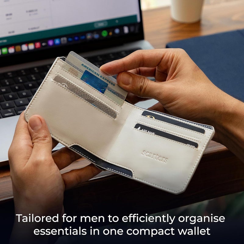 scarters محفظة وفرة جلد صناعي للرجال | محمية بتقنية RFID | ميكروفايبر مدروس | 6 فتحات بطاقات و 2 جيوب مخفية | ضمان 15 شهر (أزرق داكن) - Image 5