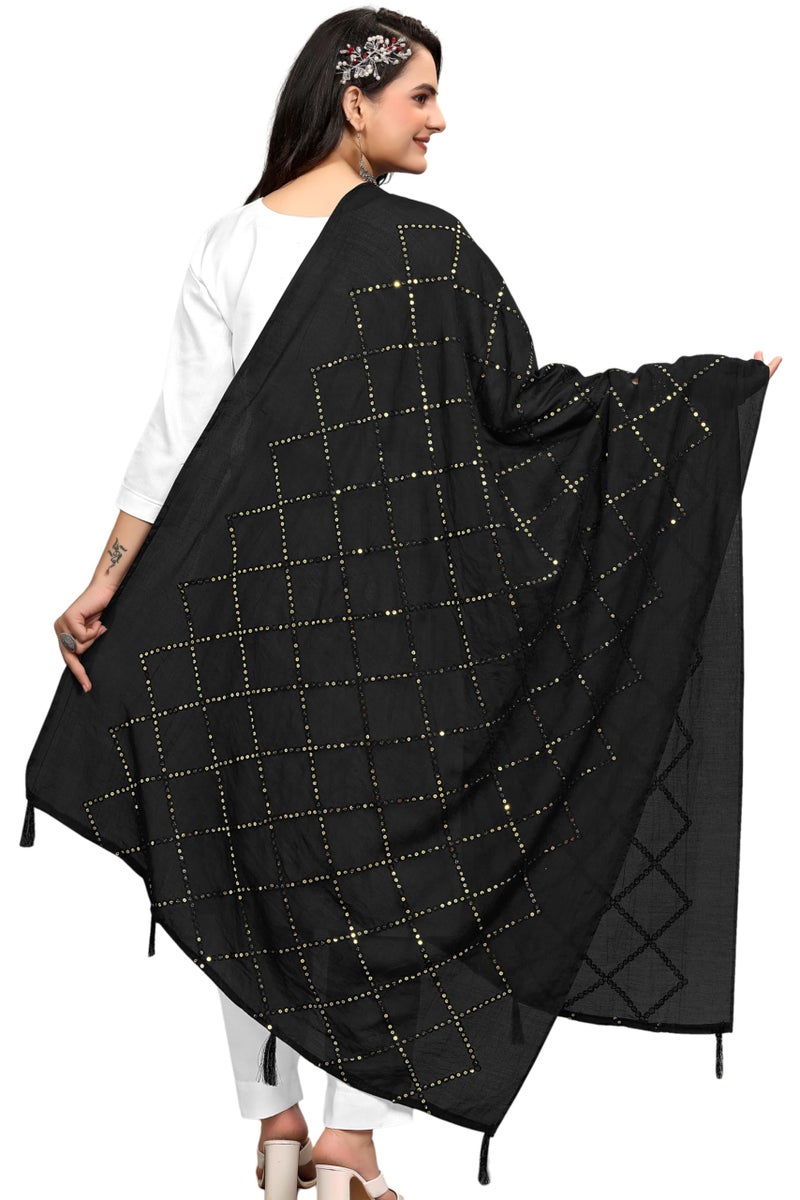 KEMZA Women's Embroidered Cotton Mirror Dupatta (Black) in Checks Pattern - Image 1