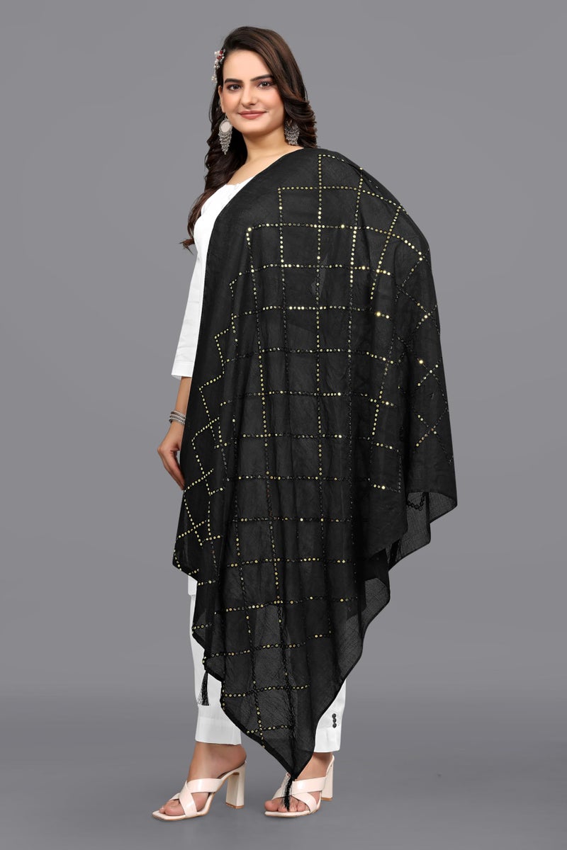 KEMZA Women's Embroidered Cotton Mirror Dupatta (Black) in Checks Pattern - Image 4