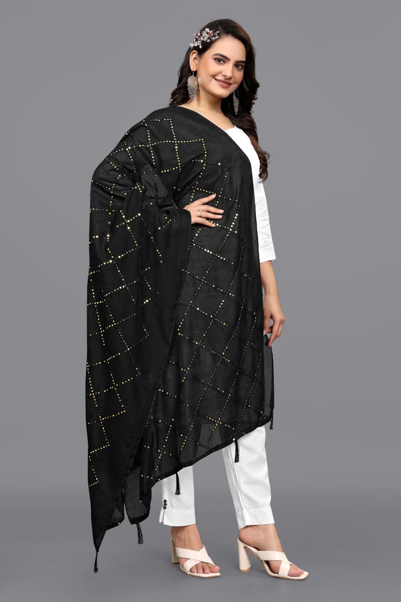 KEMZA Women's Embroidered Cotton Mirror Dupatta (Black) in Checks Pattern - Image 3