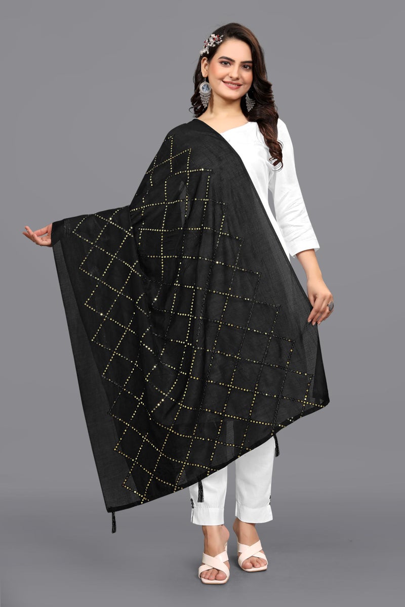 KEMZA Women's Embroidered Cotton Mirror Dupatta (Black) in Checks Pattern - Image 2