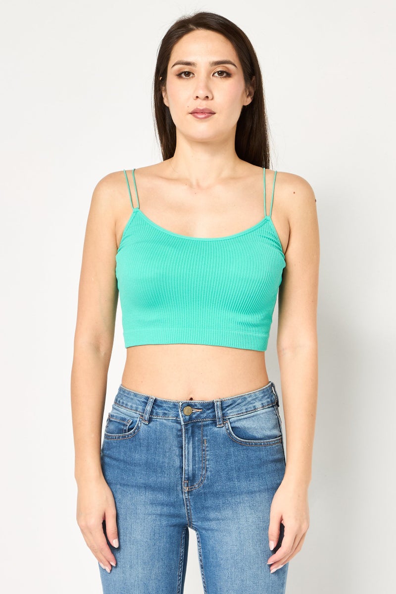 FOREVER 21 Women Scoop Neck Sleeveless Ribbed Tank Top, Green - Image 1