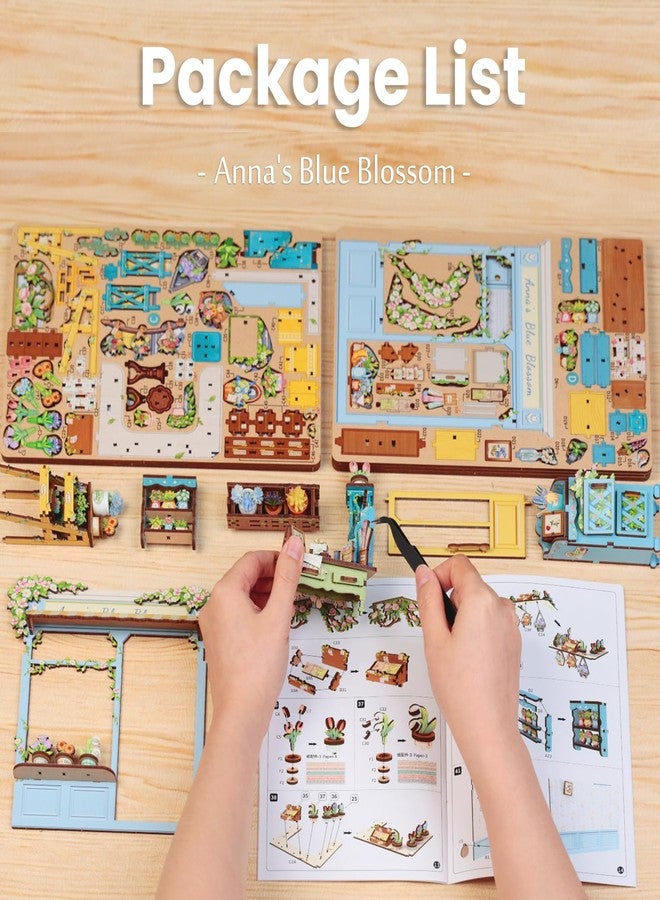 Fsolis Book Nook Kit - DIY Scene Miniature Dollhouse Kit for Adults, Bookshelf 3D Puzzles 255PCS, Tiny House Mini Flower Shop Model Booknook Craft, Gifts for Women Puzzle Lovers (Anna's Blue Blossom) - Image 5