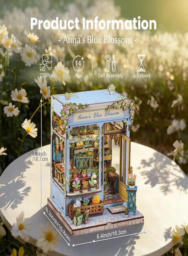 Fsolis Book Nook Kit - DIY Scene Miniature Dollhouse Kit for Adults, Bookshelf 3D Puzzles 255PCS, Tiny House Mini Flower Shop Model Booknook Craft, Gifts for Women Puzzle Lovers (Anna's Blue Blossom) - Image 2