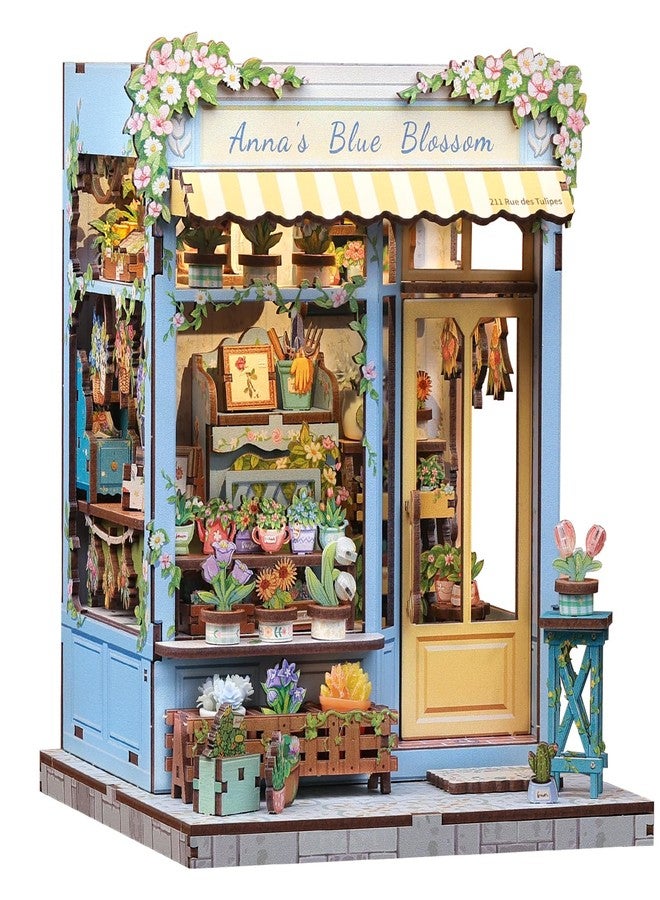 Fsolis Book Nook Kit - DIY Scene Miniature Dollhouse Kit for Adults, Bookshelf 3D Puzzles 255PCS, Tiny House Mini Flower Shop Model Booknook Craft, Gifts for Women Puzzle Lovers (Anna's Blue Blossom) - Image 1