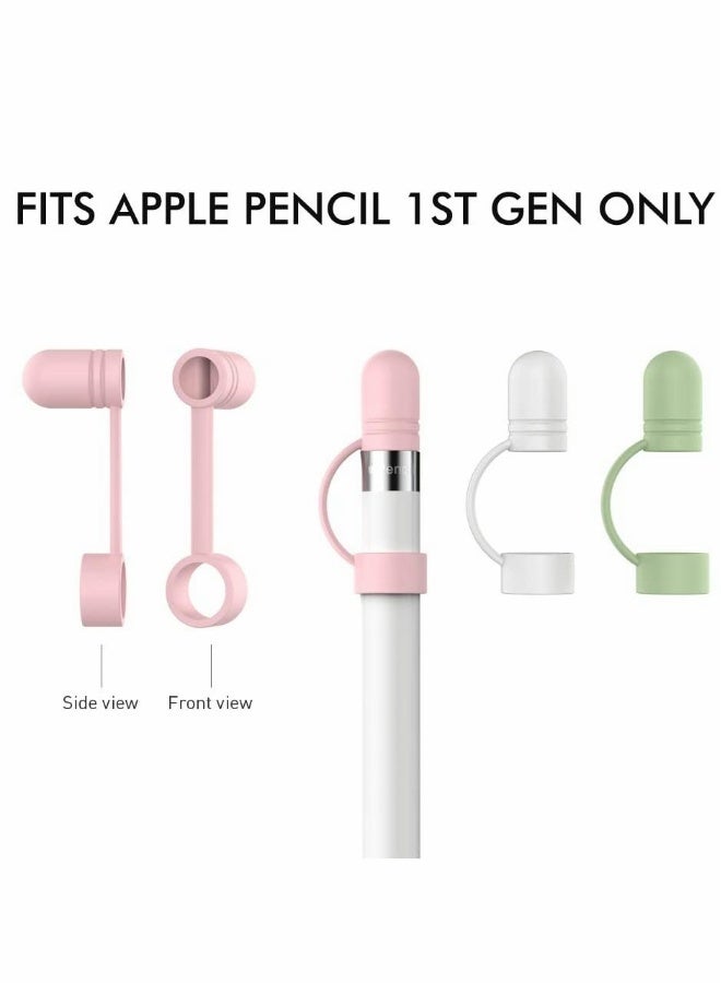 Cap Cover Replacement For Apple Pencil 1st Generation Cap Holder Anti Lost Strap Silicone Protective Cap Cover Silicone Protective Accessories For Apple Pencil 3 Pack White Pink Green - Image 2