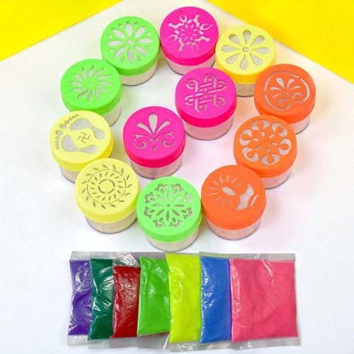 Evisha 12 Rangoli Stamp Dibbi Stencils Set with 3 Coloured Powder Packets, Decorative Pattern Tools for Festivals and Home Decor Designs and Colours May Vary - Image 1