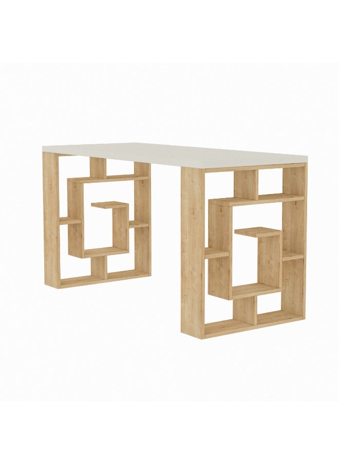 Labirent Working Table With Storage - White/Oak  - 2 Years Warranty