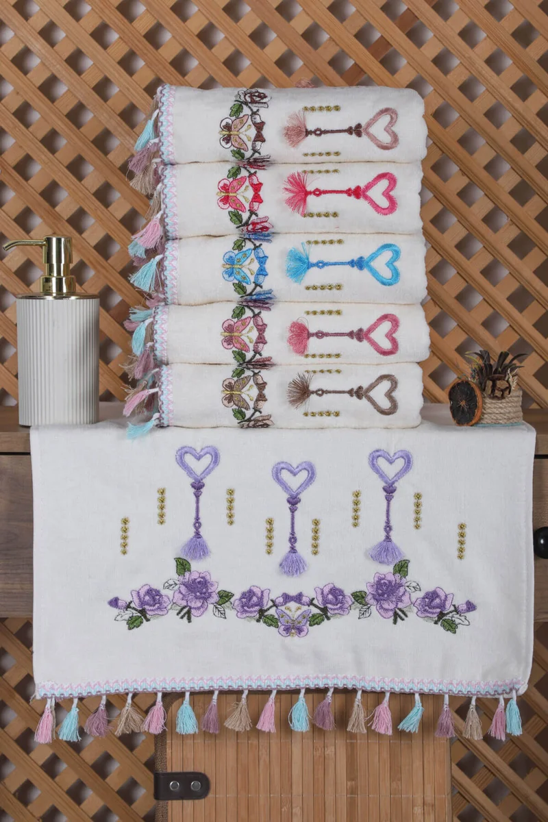 Mira Home Set of 6 Heart Flower Embroidered Kitchen Towels with Tassels, Gift Dowry Heart Kitchen Towel Set 30 x 50 cm