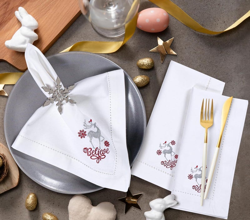Bedding Craft Cotton Cloth Dinner Napkins Set of 12 Christmas Wedding Decor Machine Washable 18x18 Silver Red Embroidered - Image 4