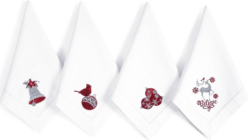 Bedding Craft Cotton Cloth Dinner Napkins Set of 12 Christmas Wedding Decor Machine Washable 18x18 Silver Red Embroidered - Image 1
