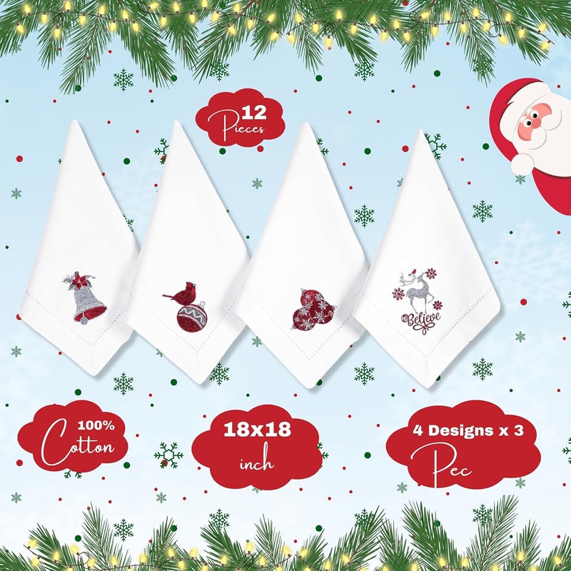 Bedding Craft Cotton Cloth Dinner Napkins Set of 12 Christmas Wedding Decor Machine Washable 18x18 Silver Red Embroidered - Image 2