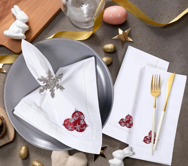 Bedding Craft Cotton Cloth Dinner Napkins Set of 12 Christmas Wedding Decor Machine Washable 18x18 Silver Red Embroidered - Image 5