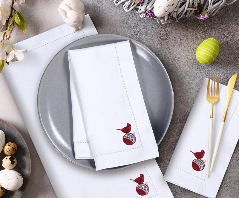 Bedding Craft Cotton Cloth Dinner Napkins Set of 12 Christmas Wedding Decor Machine Washable 18x18 Silver Red Embroidered - Image 3