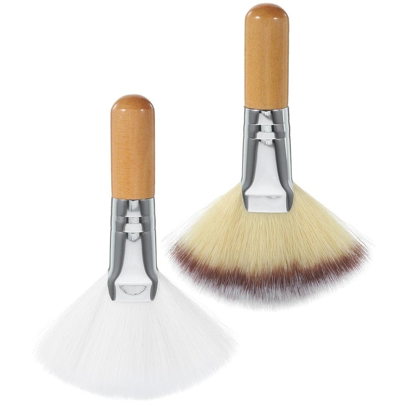 2pcs Face Makeup Brush Set for Loose Powder Highlighting, Large Fan Brushes with Soft White and Short Handles, Facial Makeup Tools for Setting Powder and Blush Application - Image 1
