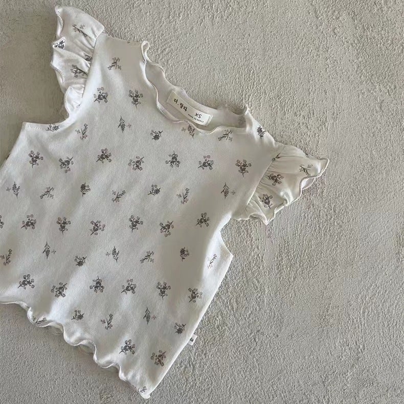 Korean-style Ins Boys and Girls Baby Thin Cotton Soft Floral Casual Round Neck Short-sleeved T-shirt Curled Flying Sleeves All-match - Image 1