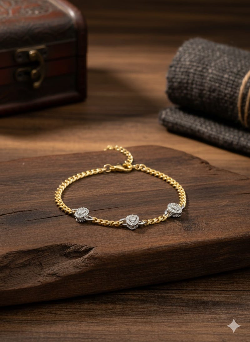 A thick gold-plated chain bracelet with three pendants in the shape of shiny water drops or tears, with a silver plate studded with clear stones - additional links for size adjustment. - Image 2