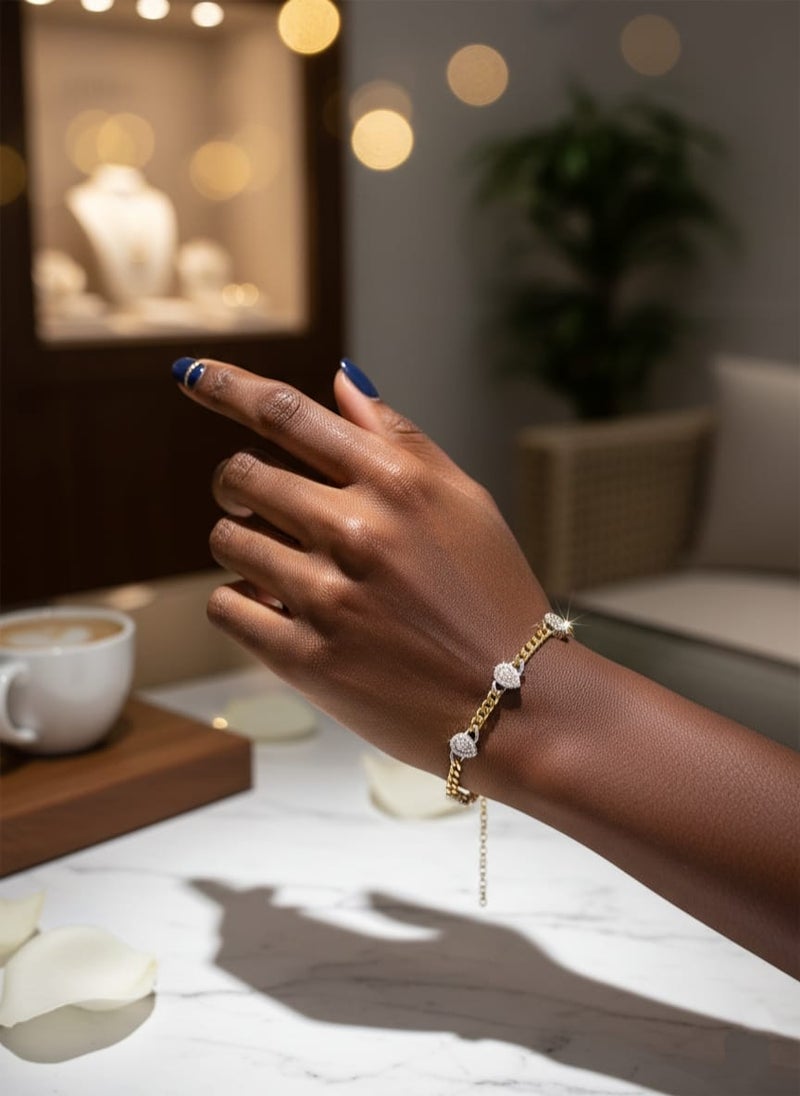 A thick gold-plated chain bracelet with three pendants in the shape of shiny water drops or tears, with a silver plate studded with clear stones - additional links for size adjustment. - Image 4