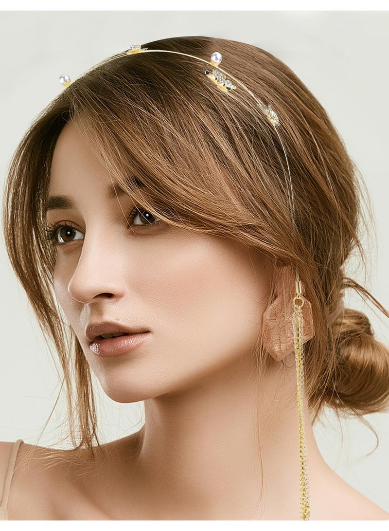 Excefore Wedding erfly Headband for Women, Shinny Rhinestone Tassel Head Chain Crystal Pearl Headpieces Decorative Elegant Headwear Hair Hoop Band Headdress Hair Accessories for Women Girls - Image 3