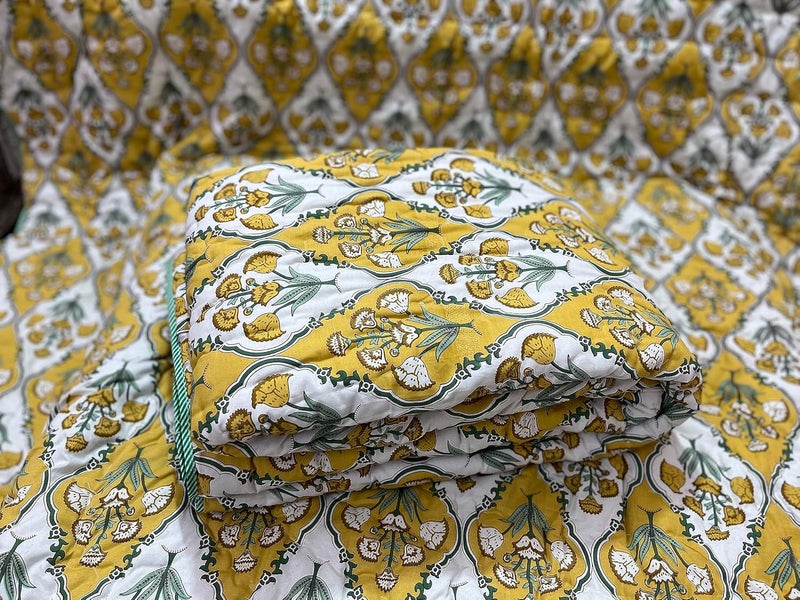 FABDESIGN QUILTS FABDESIGN QUILTS DC Jaipuri RAZAI Flower Print Single Bed Both Sides Different Print Yellow 85X55 INCH  - Image 1
