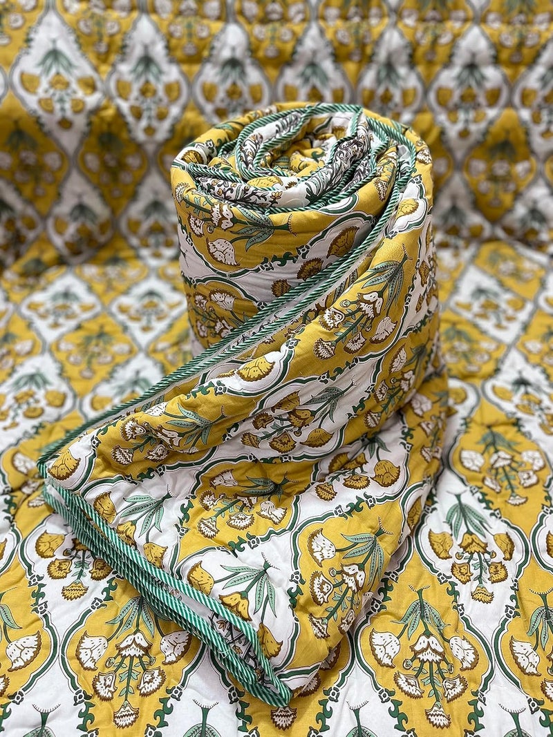 FABDESIGN QUILTS FABDESIGN QUILTS DC Jaipuri RAZAI Flower Print Single Bed Both Sides Different Print Yellow 85X55 INCH  - Image 5