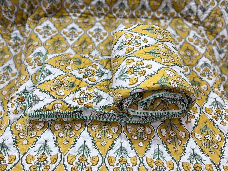 FABDESIGN QUILTS FABDESIGN QUILTS DC Jaipuri RAZAI Flower Print Single Bed Both Sides Different Print Yellow 85X55 INCH  - Image 2