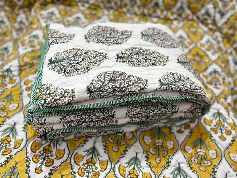 FABDESIGN QUILTS FABDESIGN QUILTS DC Jaipuri RAZAI Flower Print Single Bed Both Sides Different Print Yellow 85X55 INCH  - Image 4