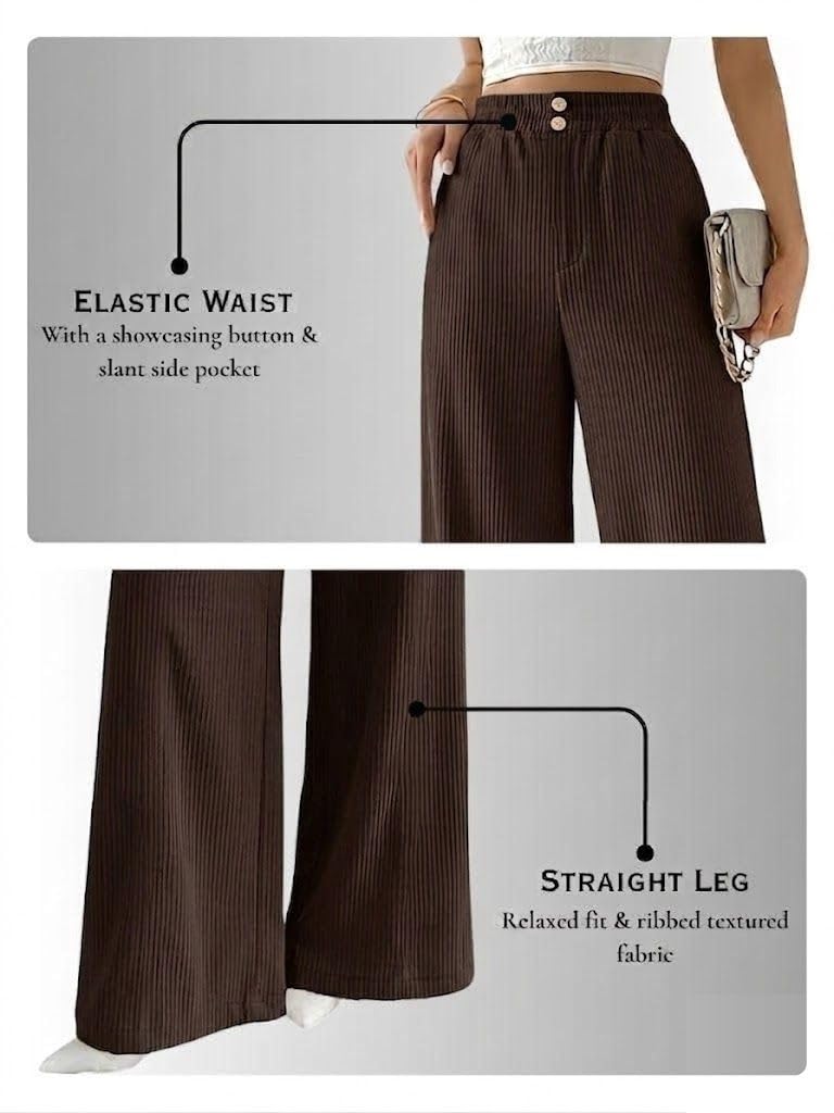 SMOWKLY Authentics Women's Trendy Casual Stretchable Baggy Loose Korean Trouser with Pockets || High Rise Elastic Waist Going Out Lounge Pants || Wide Leg Sweatpant for Woman(1679_BRN_M) Brown - Image 4