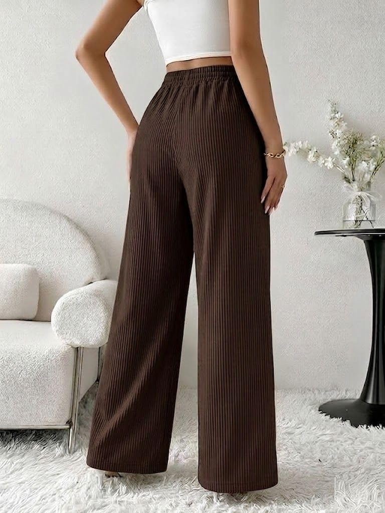 SMOWKLY Authentics Women's Trendy Casual Stretchable Baggy Loose Korean Trouser with Pockets || High Rise Elastic Waist Going Out Lounge Pants || Wide Leg Sweatpant for Woman(1679_BRN_M) Brown - Image 3