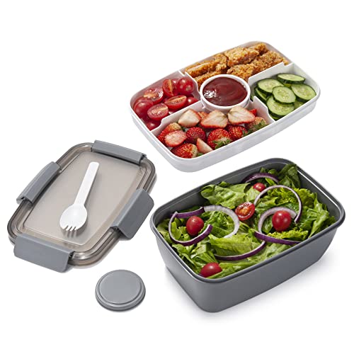 Freshmage Salad Lunch Container To Go 68oz GreyXL Leakproof Lid 4 Compartments Sauce Container Safe Material Easy Carry