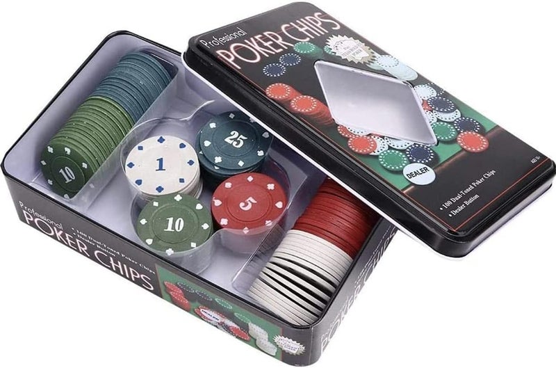 Storio طقم رقائق البوكر بأسلوب الكازينو، 100 قطعة، مع زر الموزع، علبة معدنية - Image 3