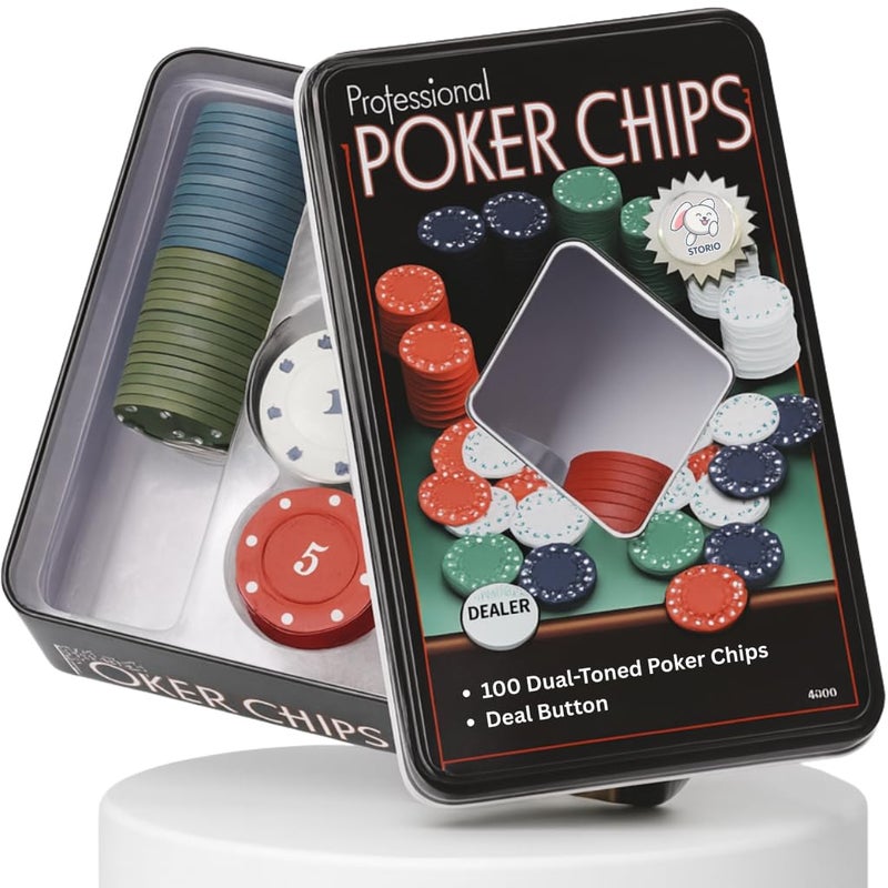 Storio طقم رقائق البوكر بأسلوب الكازينو، 100 قطعة، مع زر الموزع، علبة معدنية - Image 1