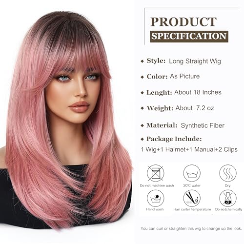 Esmee Long Straight Pink Wigs for Women with Fringe Natural Synthetic Hair Ombre Wig for Daily Party Use - Image 3