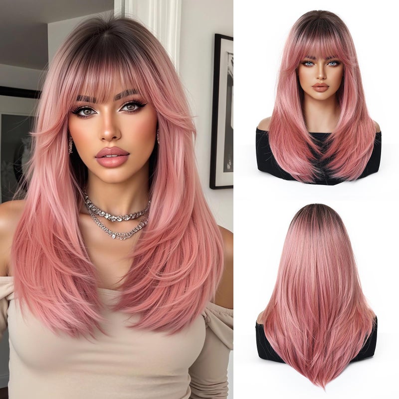 Esmee Long Straight Pink Wigs for Women with Fringe Natural Synthetic Hair Ombre Wig for Daily Party Use - Image 2