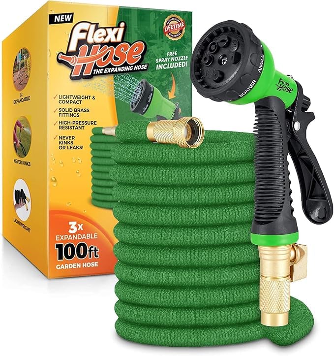 Flexi Hose with 8 Function Nozzle, 100FT - Lightweight Expandable Garden Hose, No-Kink Flexibility, 3/4 Inch Solid Brass Fittings and Double Latex Core - Green - Image 1