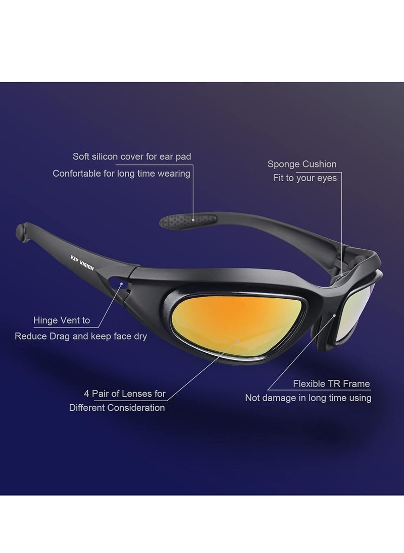 Polarized Motorcycle Riding Goggles, Windproof Cycling Glasses UV400 Outdoor Sports Sunglasses Interchangeable Lenes for Running, Baseball Golf, Driving, Fishing, Riding, Mountain Bike, Hiking
