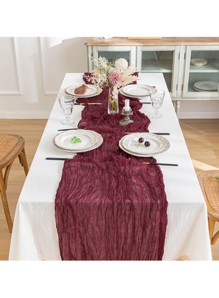 Translucent Table Runner Chessian Tablecloth for Wedding Reception Bridal Shower Party Decoration Table Centerpiece 90*300CM Burgundy/Wine Colored - view 2