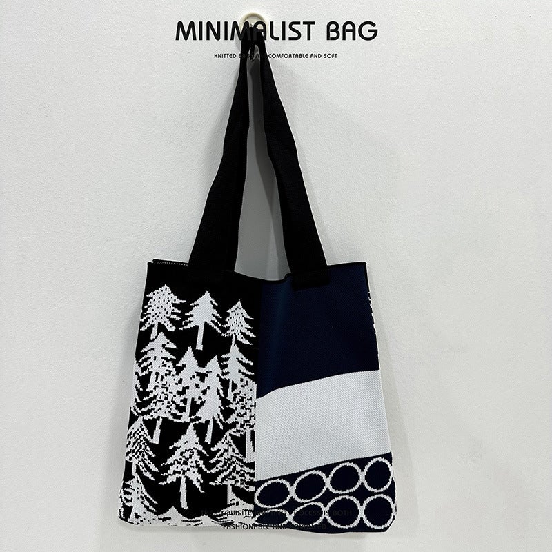 Color Block Knitted Tote Bag Large Capacity Commuter Shoulder Bag Womens Stylish Fresh Sweet Style Polyester Material Black 
