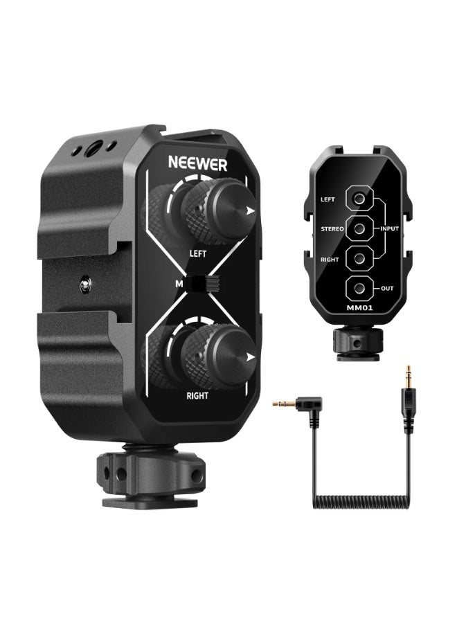 NEEWER MM01 Dual Channel Audio Mixer for Camera & Microphone, Cold Shoe Mount, 3.5mm TRS Input/Output, Mono/Stereo Switch, Compatible with Battery Powered Mics | Compact Dual Channel Audio Mixer - Image 1
