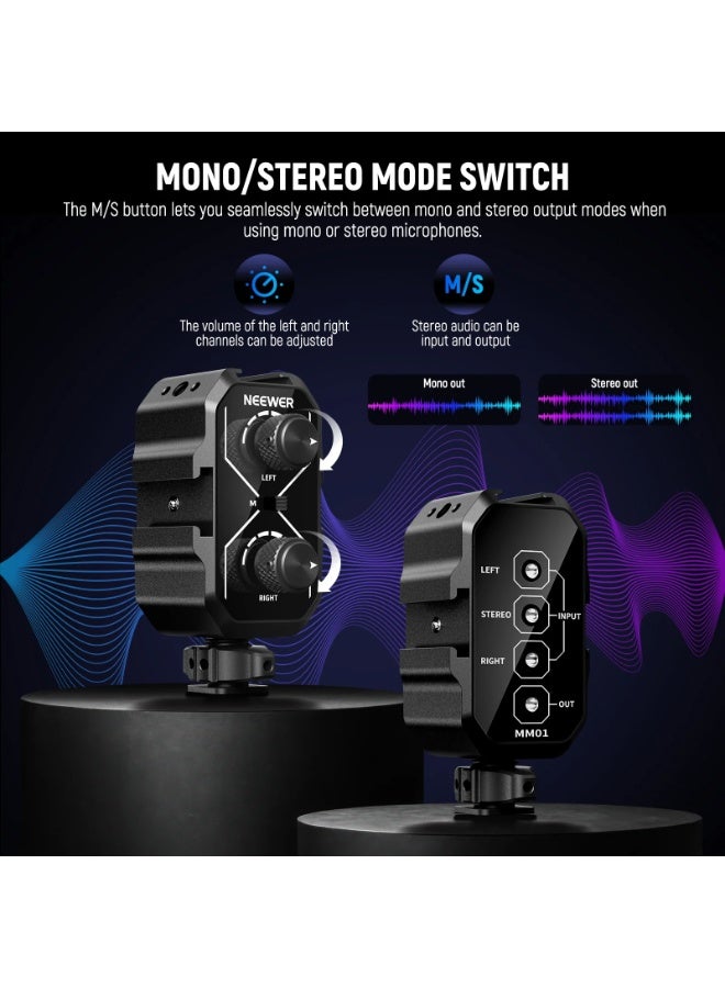 NEEWER MM01 Dual Channel Audio Mixer for Camera & Microphone, Cold Shoe Mount, 3.5mm TRS Input/Output, Mono/Stereo Switch, Compatible with Battery Powered Mics | Compact Dual Channel Audio Mixer - Image 4