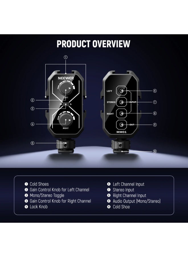 NEEWER MM01 Dual Channel Audio Mixer for Camera & Microphone, Cold Shoe Mount, 3.5mm TRS Input/Output, Mono/Stereo Switch, Compatible with Battery Powered Mics | Compact Dual Channel Audio Mixer - Image 3