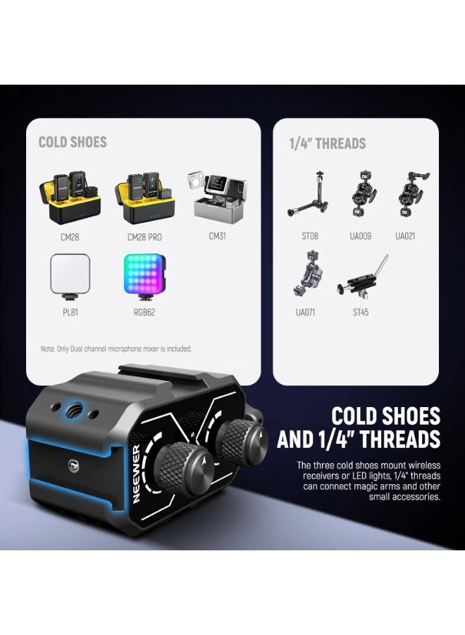 NEEWER MM01 Dual Channel Audio Mixer for Camera & Microphone, Cold Shoe Mount, 3.5mm TRS Input/Output, Mono/Stereo Switch, Compatible with Battery Powered Mics | Compact Dual Channel Audio Mixer - Image 5