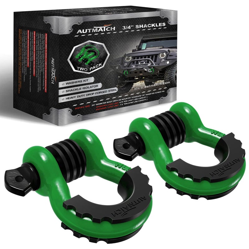 AUTMATCH D Ring Shackle 34 Shackles 2 Pack 41887Ibs Break Strength Clevis Shackle with 78 Screw Pin and Shackle Isolator Washer Kit for Tow Strap Winch Off Road Vehicle Recovery Dark Green