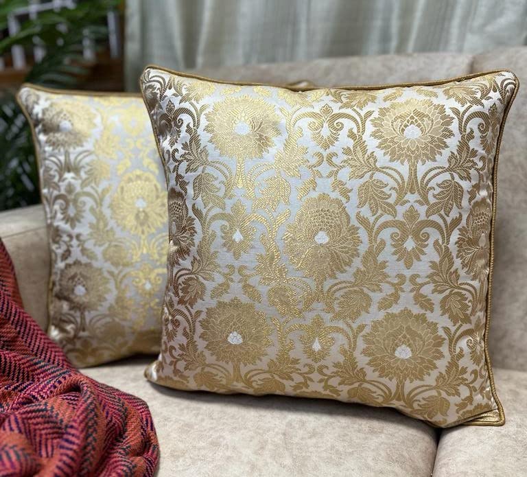 House Of Silko Royal Banarasi Satin Brocade Ivory White and Gold Cushion Cover for Home Decoration (Size-16"x16") Set of 2pcs - Image 1
