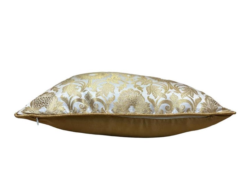 House Of Silko Royal Banarasi Satin Brocade Ivory White and Gold Cushion Cover for Home Decoration (Size-16"x16") Set of 2pcs - Image 4